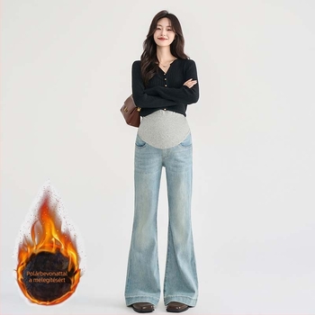 Denim kismama farmer 2025 őszi-téli kollekció, fleece-betétes, vastag, karcsú harangláb szabás, micro-flare.