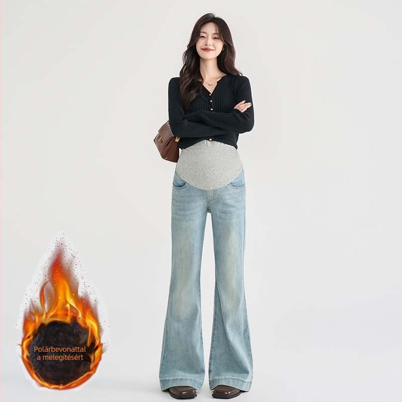 Denim kismama farmer 2025 őszi-téli kollekció, fleece-betétes, vastag, karcsú harangláb szabás, micro-flare.