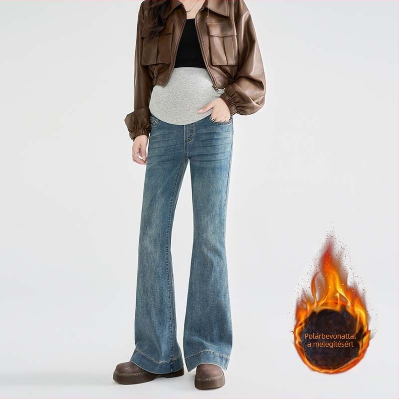 Denim kismama farmer 2025 őszi-téli kollekció, fleece-betétes, vastag, karcsú harangláb szabás, micro-flare.