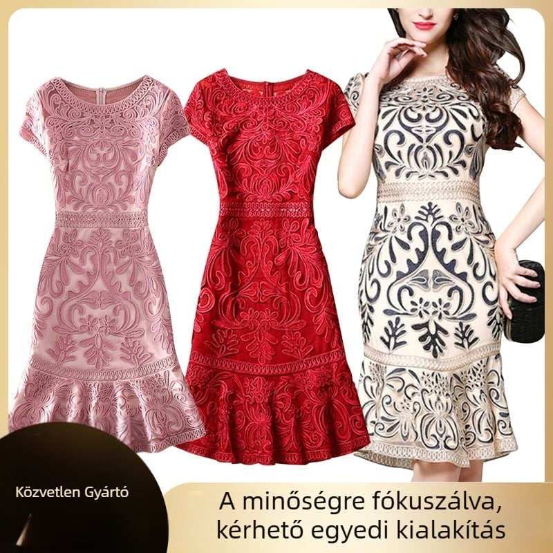 Hímzett viszkóz midi ruha fishtail szoknyával, kerek nyakú