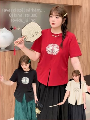 Női retro kínai stílusú póló, pamut kötött anyag, kerek nyak, rövid ujjú, laza szabás, Nyár 2024
