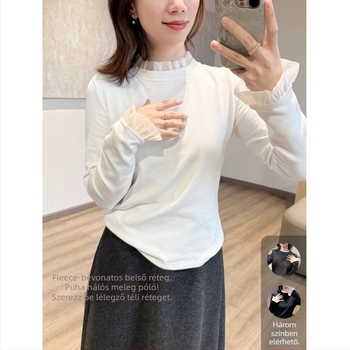 Csipke paneles női hosszú ujjú felső, fél-turtleneck gallér, poliészter, karcsúsított szabás, elegáns városi stílus