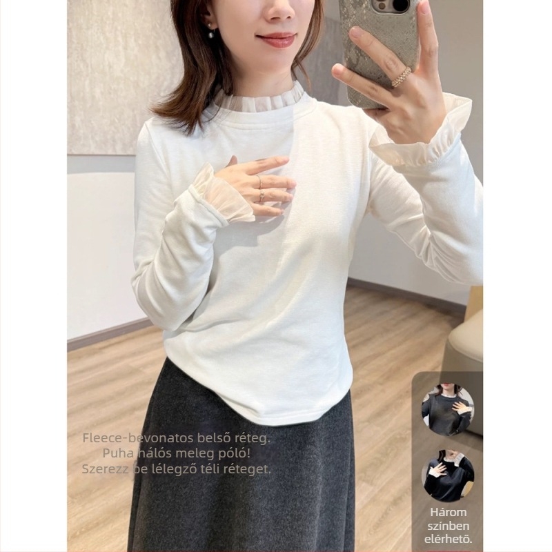 Csipke paneles női hosszú ujjú felső, fél-turtleneck gallér, poliészter, karcsúsított szabás, elegáns városi stílus