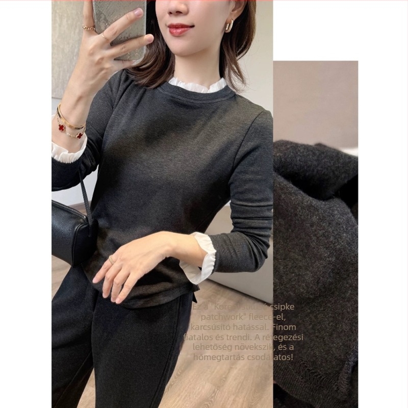 Csipke paneles női hosszú ujjú felső, fél-turtleneck gallér, poliészter, karcsúsított szabás, elegáns városi stílus