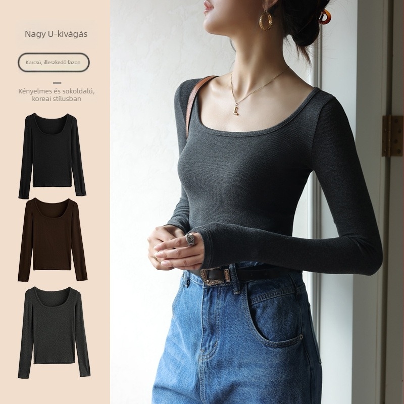 Hosszú ujjú póló négyszögletes gallérral, koreai stílusú felső, karcsú szabás; pamut-spandex keverék, hossz 50–65 cm