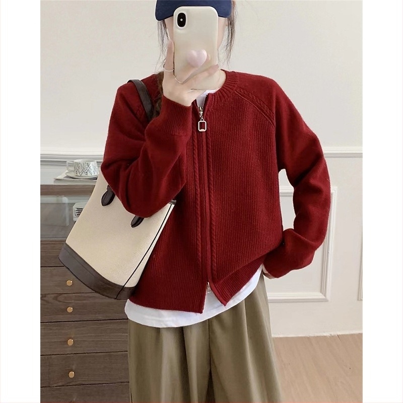 Női cardigan cipzárral, laza szabású, koreai stílus; anyag: poliészter; pamut-kasmír keverék; spandex 30–50%; hosszú ujjú, környak, őszi-téli