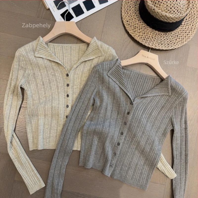 Koreai stílusú női kötött kardigán kapucnival, karcsú fazon, hosszú ujjú, polo gallér, poliészter kötött anyag