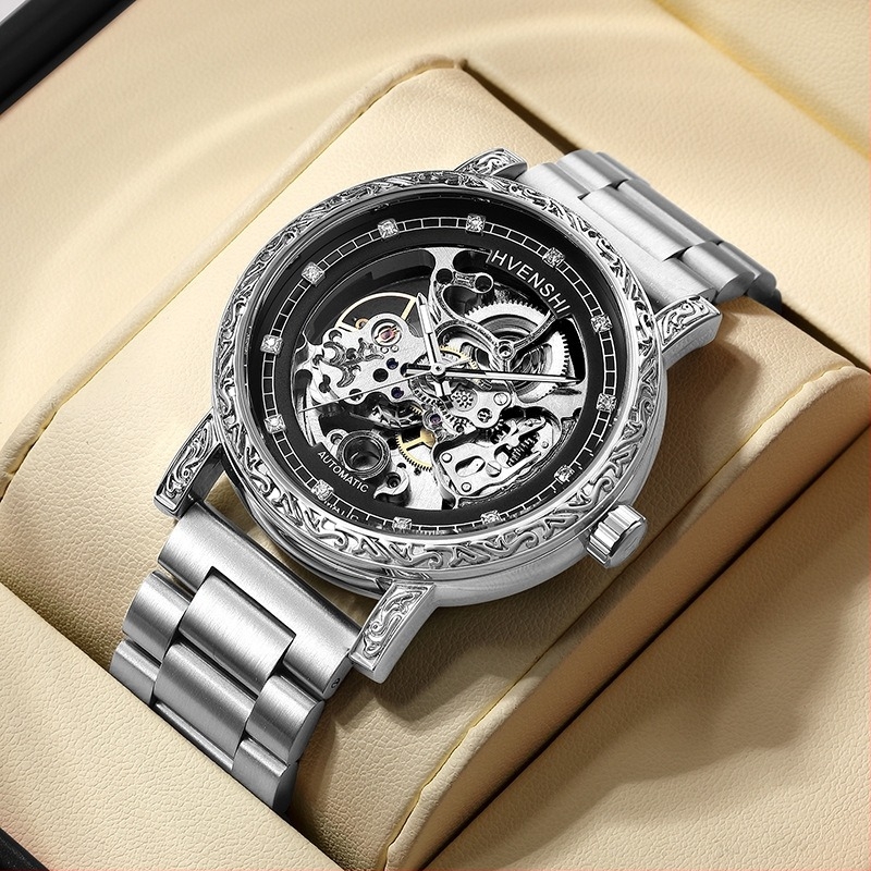 Kétszintes skeletált automata mechanikus óra, rozsdamentes acél tokkal és karkötővel, 30 m vízállóság, spirálisan korona, átlátszó hátlappal