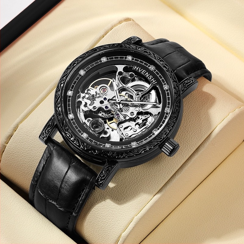 Kétszintes skeletált automata mechanikus óra, rozsdamentes acél tokkal és karkötővel, 30 m vízállóság, spirálisan korona, átlátszó hátlappal