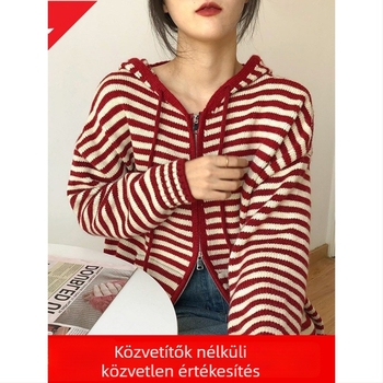 Kapucnis cipzáros csíkos kötött kardigán, poliészterből készült, hosszú ujjú