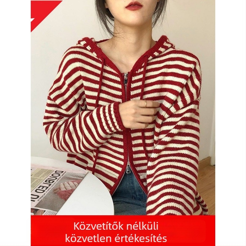 Kapucnis cipzáros csíkos kötött kardigán, poliészterből készült, hosszú ujjú