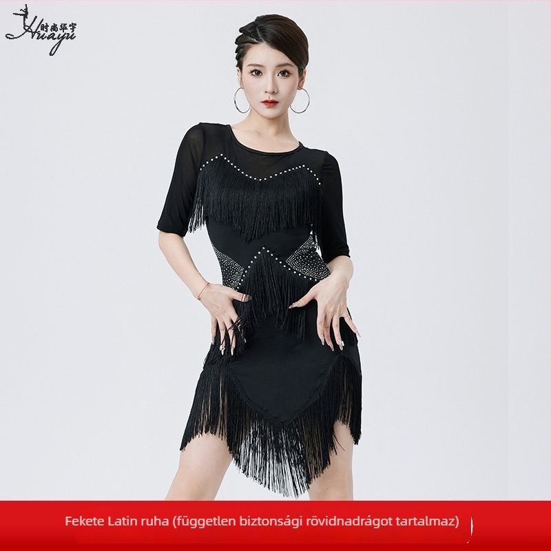 Huayu latin tánc ruha nőknek – előadásra szánt tasseles ruha, Milk Silk + Mesh, Poliészter, Nyár 2025