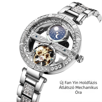 Női automata mechanikus karóra holdfázissal, üreges dizájn, átlátszó hátlappal, 30m vízállóság