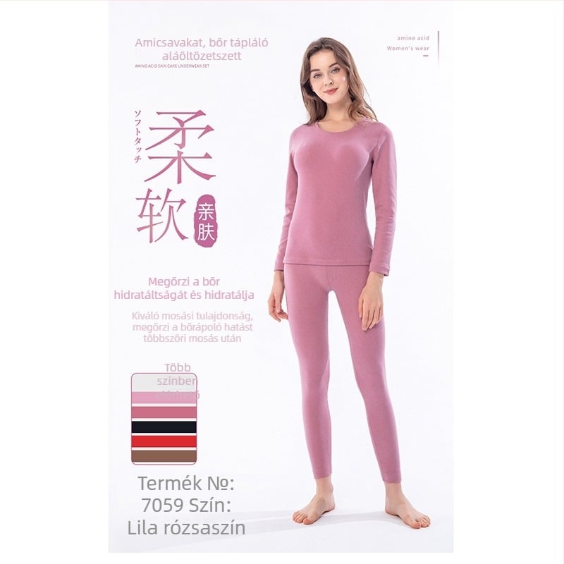 Női termális alapréteg készlet kerek nyakkal, aminósavakkal bőrbarát ápolás, fő anyag poliészter 87,3%, egyrétegű, anyagsúly 181–200 g/m2, melegen tart