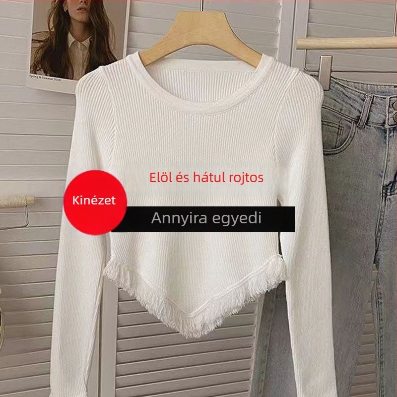 Női kötött crop top bojtokkal, hosszú ujjú, aszimmetrikus szabású, kerek nyak