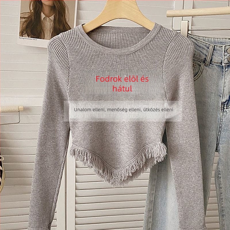 Női kötött crop top bojtokkal, hosszú ujjú, aszimmetrikus szabású, kerek nyak