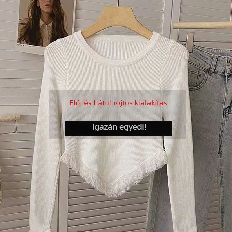 Női kötött crop top bojtokkal, hosszú ujjú, aszimmetrikus szabású, kerek nyak