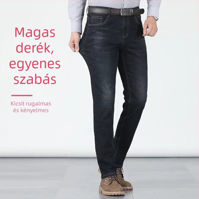 Férfiaknak szóló egyenes szárú farmer, középmagas derék, pamut-elasztán denim, homokmosott mosás