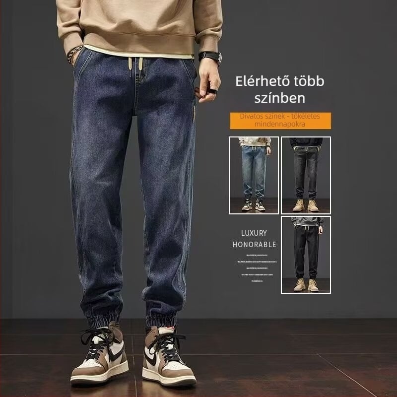 Férfi farmernadrág jogger-stílusban, alacsony derék, egyenes szabás, kötőzár, pamut-denim 65%
