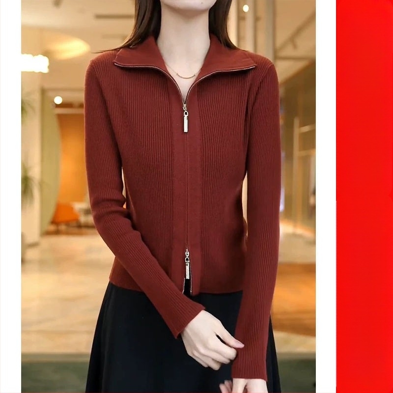 Őszi–téli slim-fit kötött kardigán dupla cipzárral, egyszínű