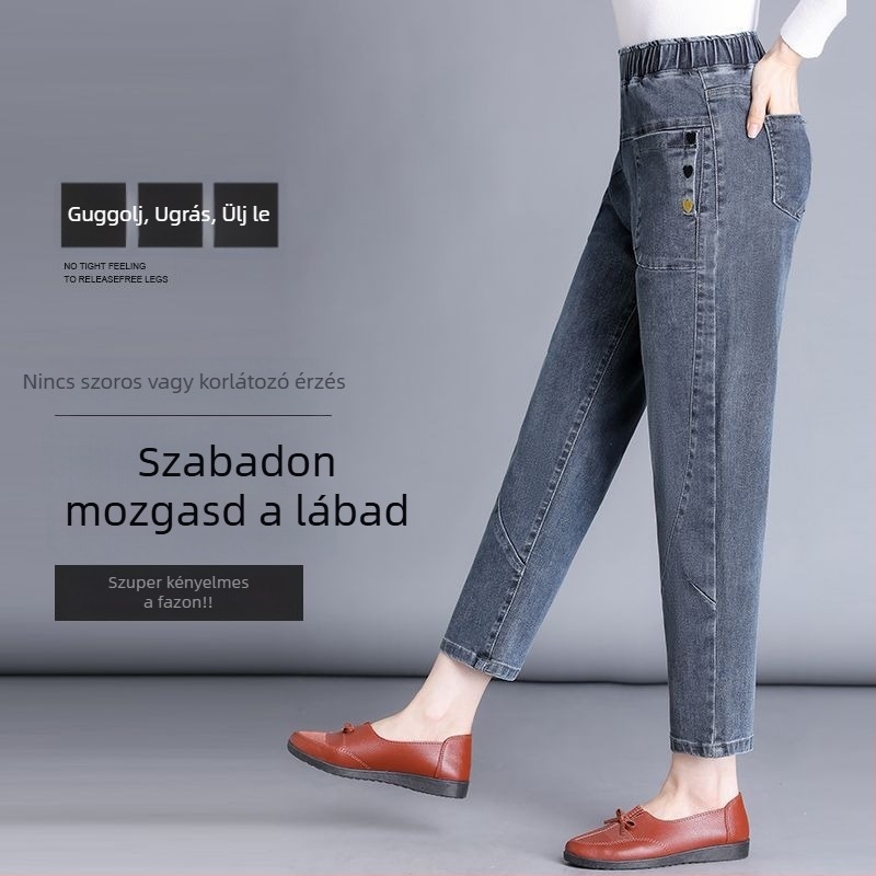 Farmernadrág, magas derekú, fleece-béleléssel, denim-pamut anyagból, harems stílus, 9/10 hossz