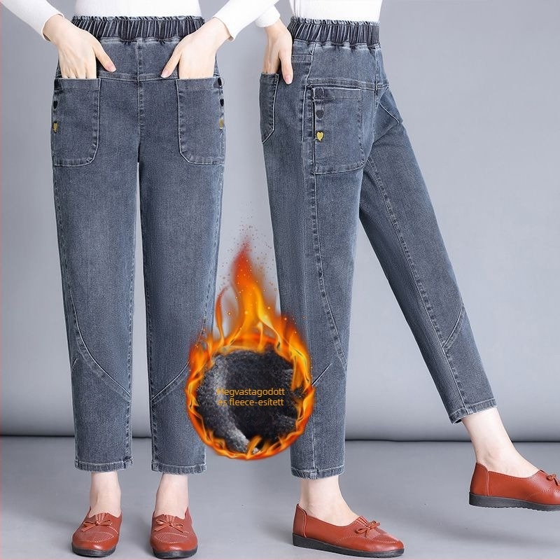 Farmernadrág, magas derekú, fleece-béleléssel, denim-pamut anyagból, harems stílus, 9/10 hossz