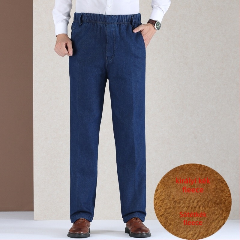 Fleece-öltött farmer, magas derekú, lazán szabott, téli pamutkeverék denim