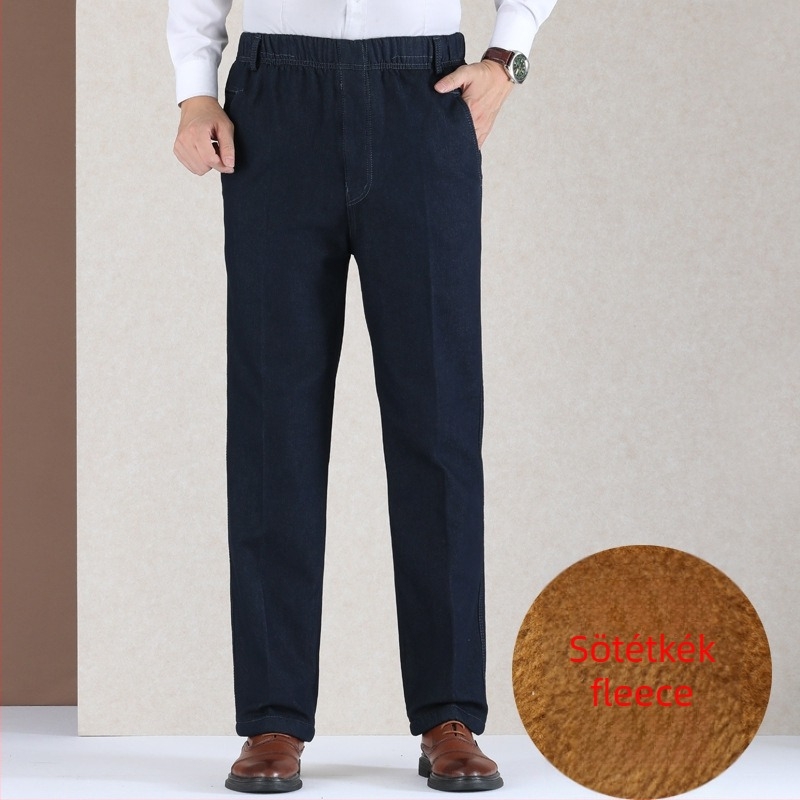 Fleece-öltött farmer, magas derekú, lazán szabott, téli pamutkeverék denim