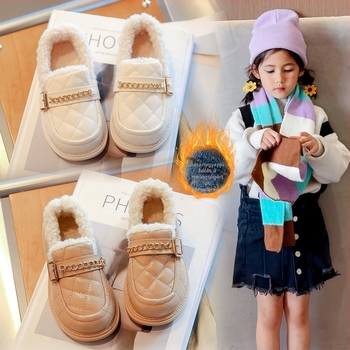 Lányok téli bőrcipő meleg fleece béléssel, hercegnő-stílusú