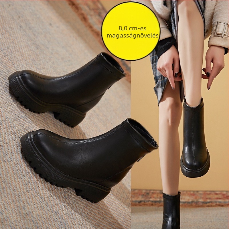 Női brit stílusú magasságot növelő slim csizmák, mikroszálas felsőrész, PU talp, rejtett sarok 6–8 cm