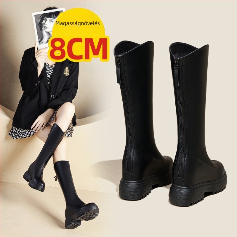 Női brit stílusú magasságot növelő slim csizmák, mikroszálas felsőrész, PU talp, rejtett sarok 6–8 cm