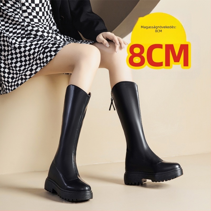 Női brit stílusú magasságot növelő slim csizmák, mikroszálas felsőrész, PU talp, rejtett sarok 6–8 cm