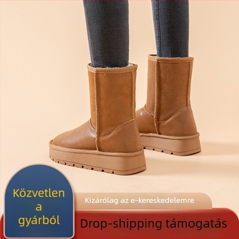 Női hócsizma vastag talppal, vízálló, csúszásmentes, fleece-béléses, felső rész tehen és bőrből, TPR talp, 3–5 cm sarok, középmagas szár