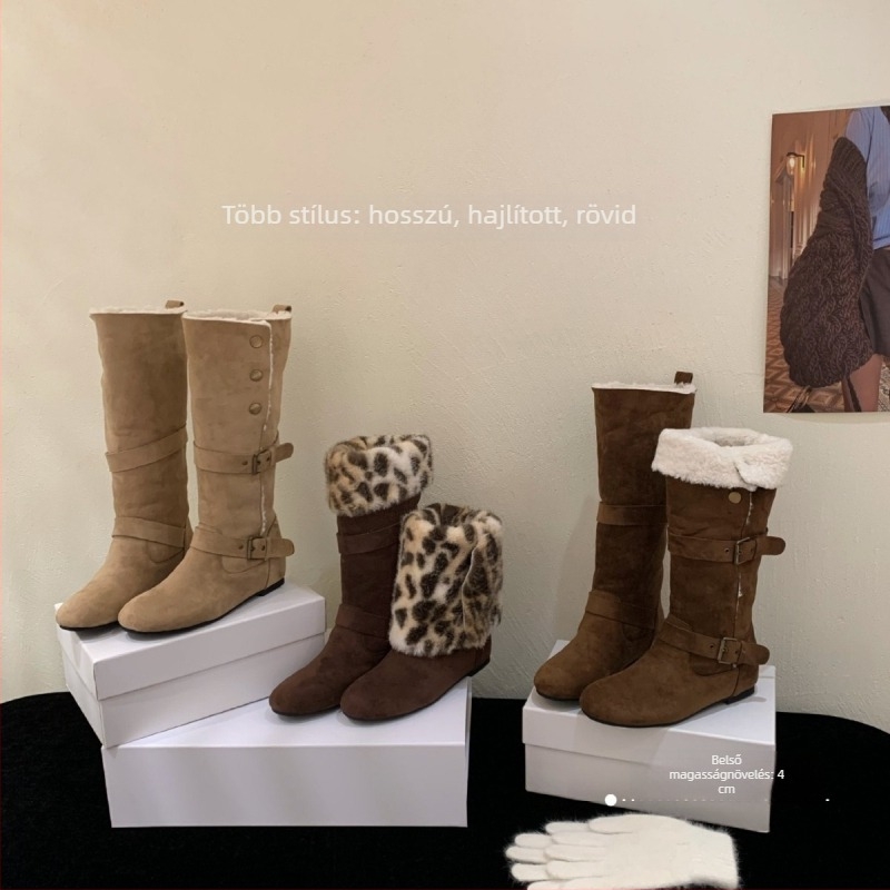 Magas szárú csizmák belső magasságnövelővel, fleece belsővel, velúr felsőrész, kerek orr, alacsony, vastag sarok 1–3 cm
