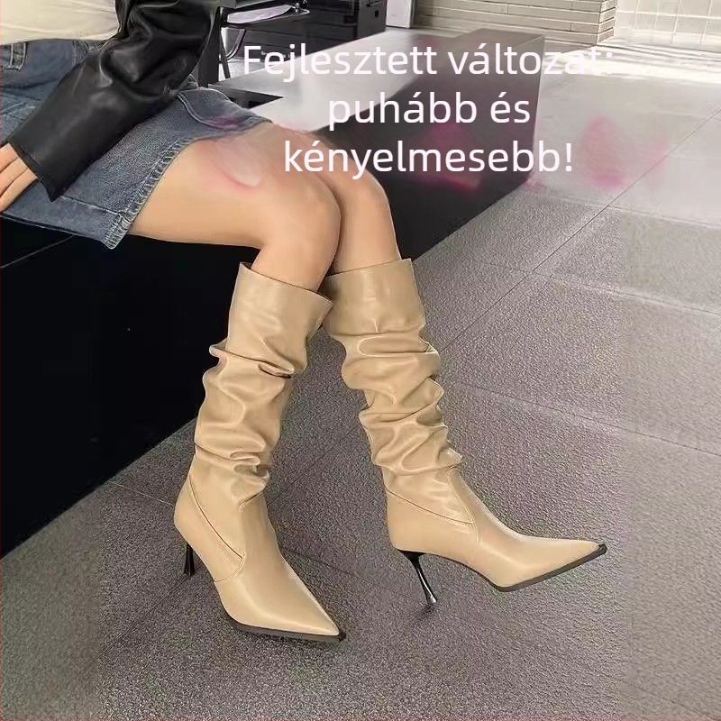 Karcsú bokacsizmák hegyes orrúval, magas 6–8 cm-es sarokkal, PU felsőrész, gumi talp