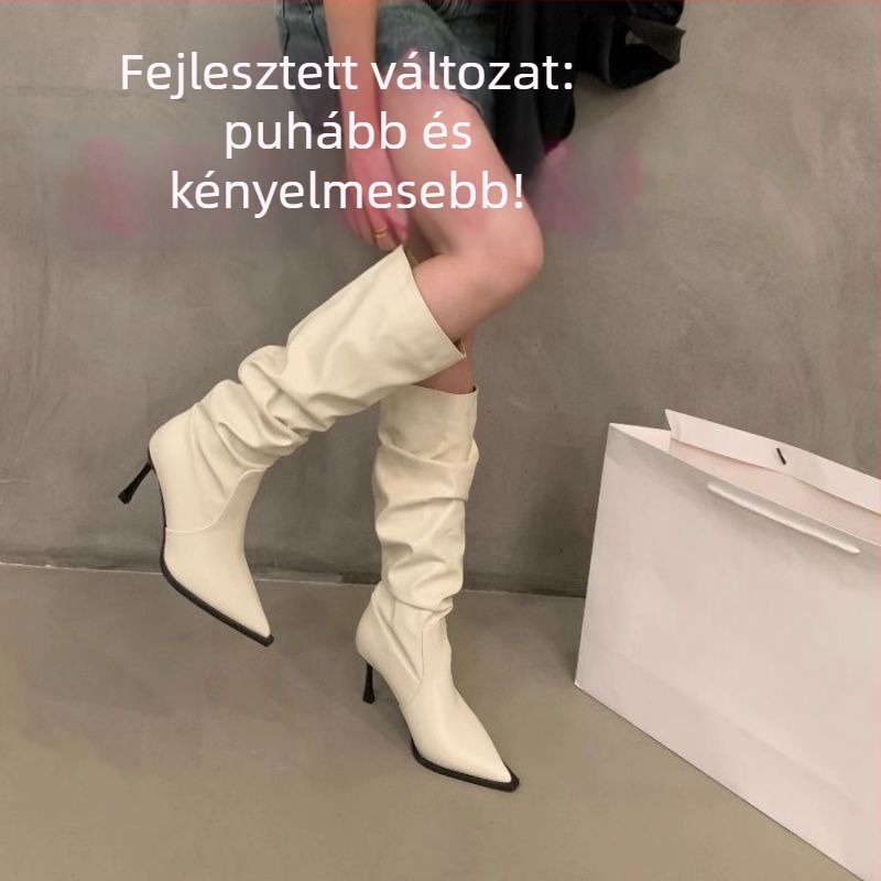 Karcsú bokacsizmák hegyes orrúval, magas 6–8 cm-es sarokkal, PU felsőrész, gumi talp