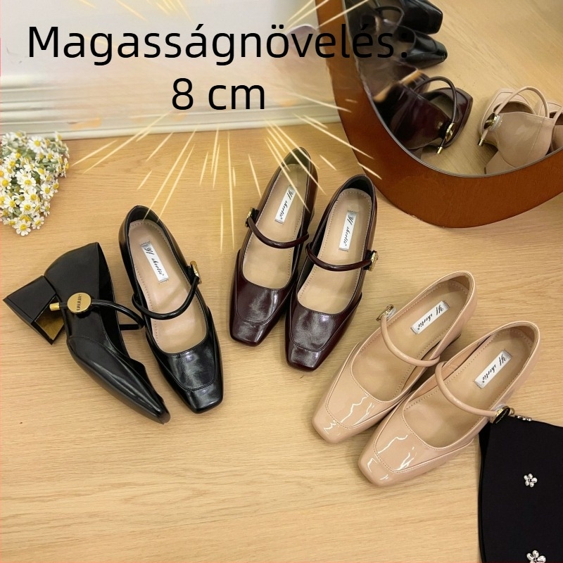 Mary Jane cipő mikrofszálas bőr felsővel, négyszögletes orr, 6–8 cm vastag sarok, csat zárás, nőknek