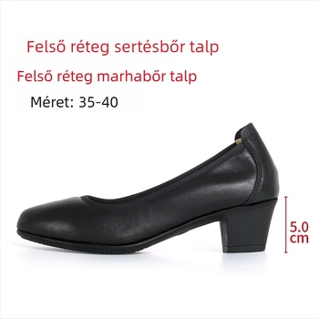 Női magas sarkú cipő kerek orral, bőr felsőrész, középmagas sarkú 3–6 cm, gumitalp, irodai viselet