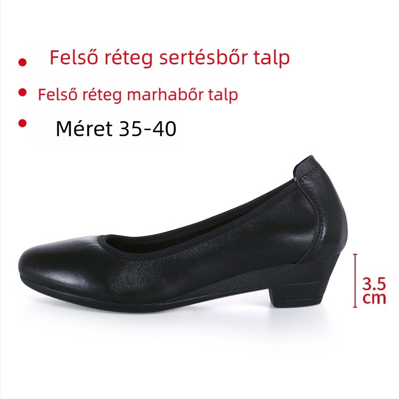 Női magas sarkú cipő kerek orral, bőr felsőrész, középmagas sarkú 3–6 cm, gumitalp, irodai viselet