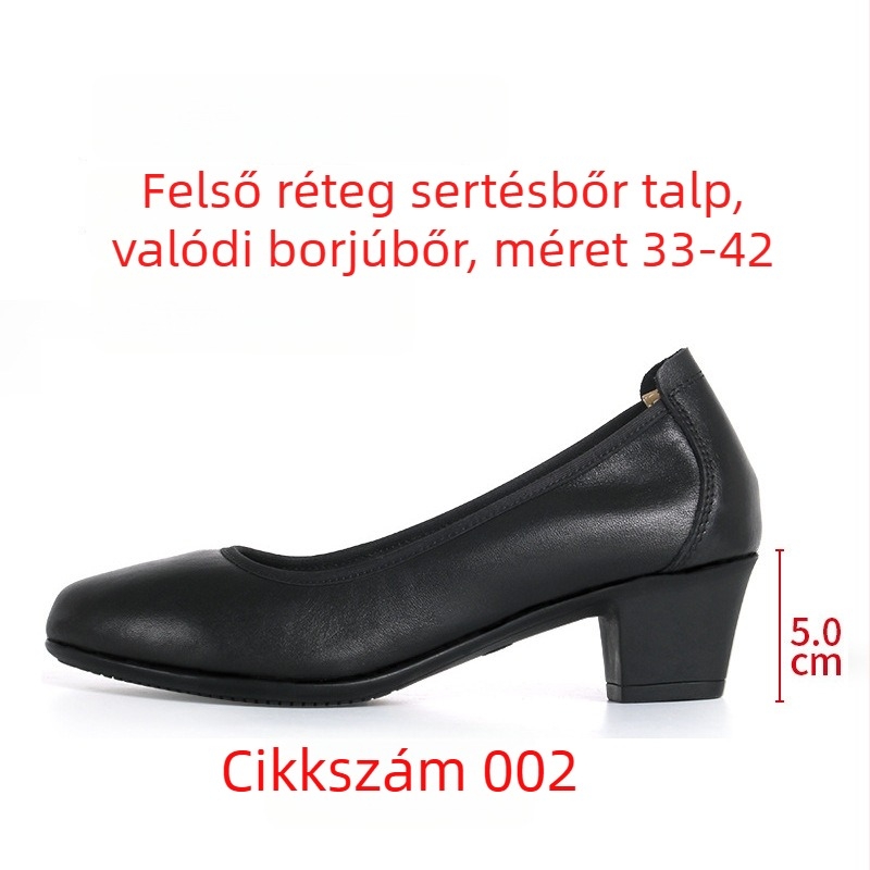 Női magas sarkú cipő kerek orral, bőr felsőrész, középmagas sarkú 3–6 cm, gumitalp, irodai viselet