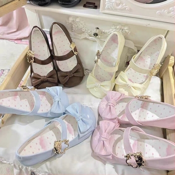 Meow Xiaoyuan Lolita lapos cipő masnival – kerek orr, PU felsőrész, koponya minta, klín sarkú 4–6 cm, csat zár