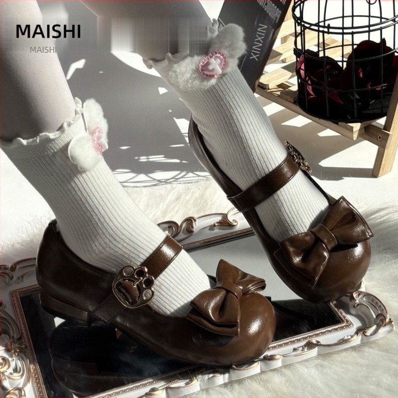 Meow Xiaoyuan Lolita lapos cipő masnival – kerek orr, PU felsőrész, koponya minta, klín sarkú 4–6 cm, csat zár