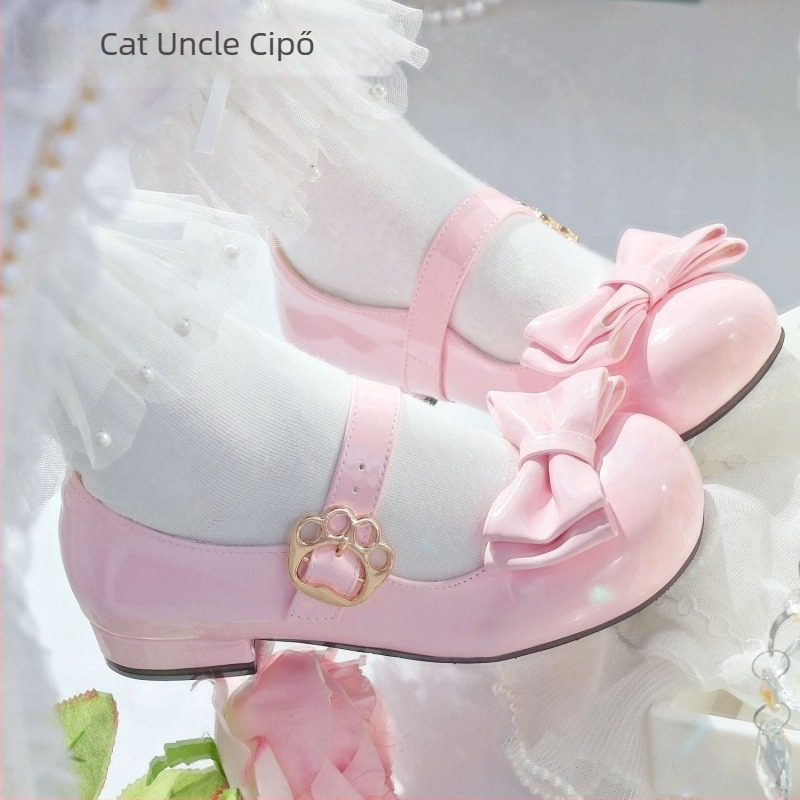 Meow Xiaoyuan Lolita lapos cipő masnival – kerek orr, PU felsőrész, koponya minta, klín sarkú 4–6 cm, csat zár