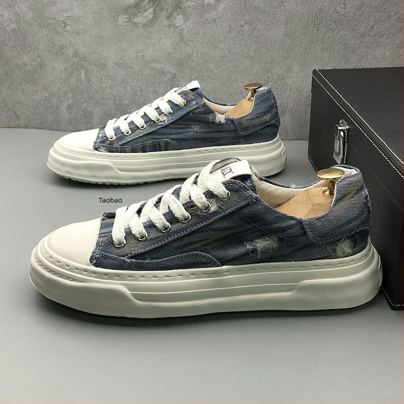 Férfi denim vászon tornacipő, lélegző, alacsony felső rész, fűzővel, vulkanizált talp