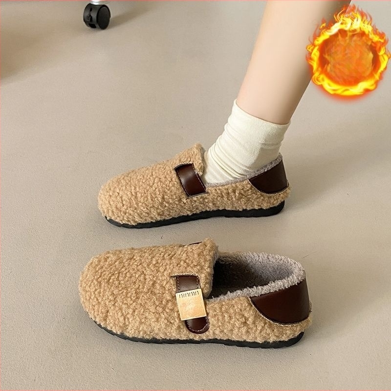 Női pamut cipő bolyhos béléssel, alacsony felső rész, lapos sarka, PVC talp