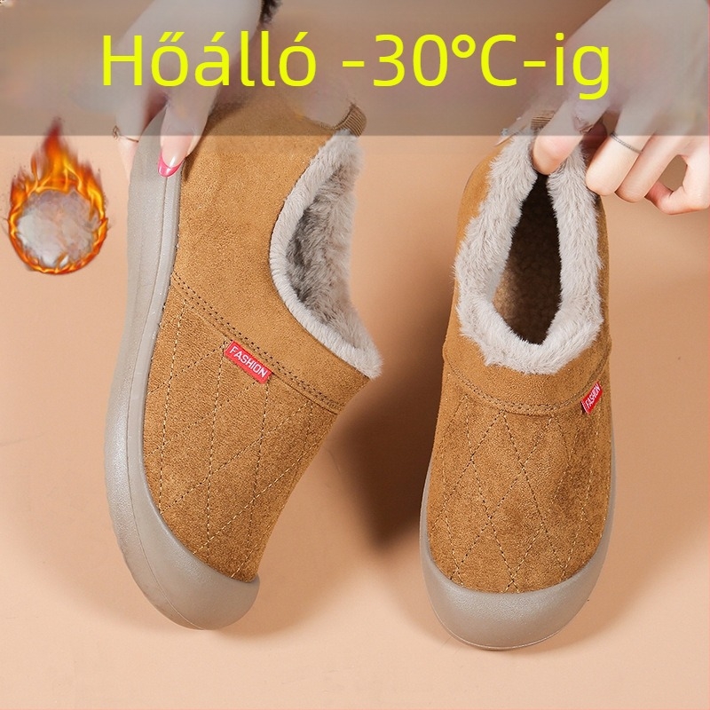 Női téli vízálló velúr slip-on bakancs, fleece bélés, alacsony talpú