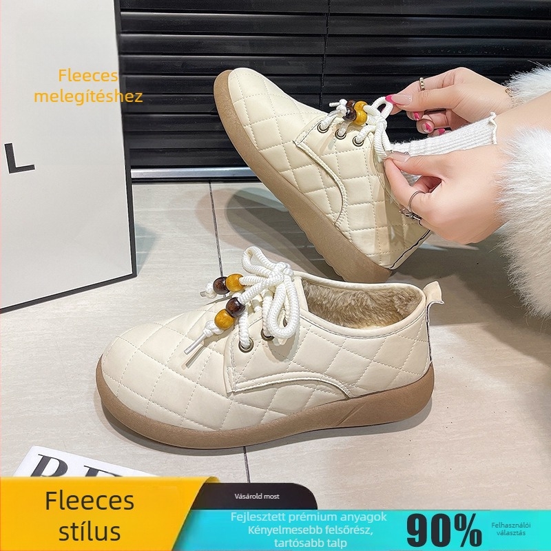 Téli pamutcipő fleece béléssel, PU felsőrész, textil belső, gumitalp, alacsony felső rész, kör alakú orr