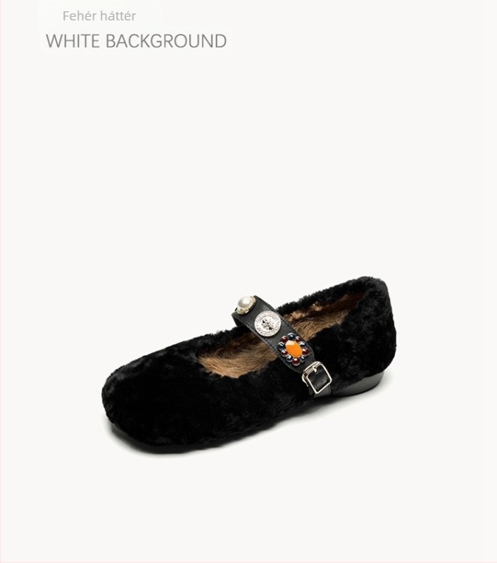 Bundás Mary Jane cipő, csúszásmentes slip-on, plüss felsőrész, kerek orr, alacsony sarok 1–3 cm, gumírozott talp