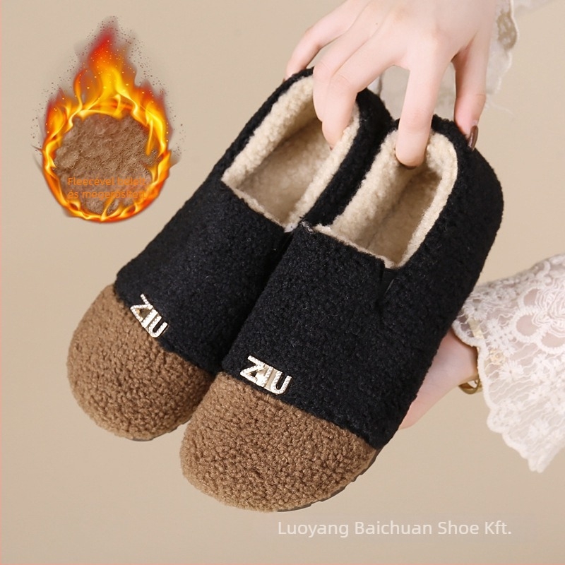 Női téli velúr lapos loaferek műszőrmés bélésével, kerek orrú, slip-on, PVC talp