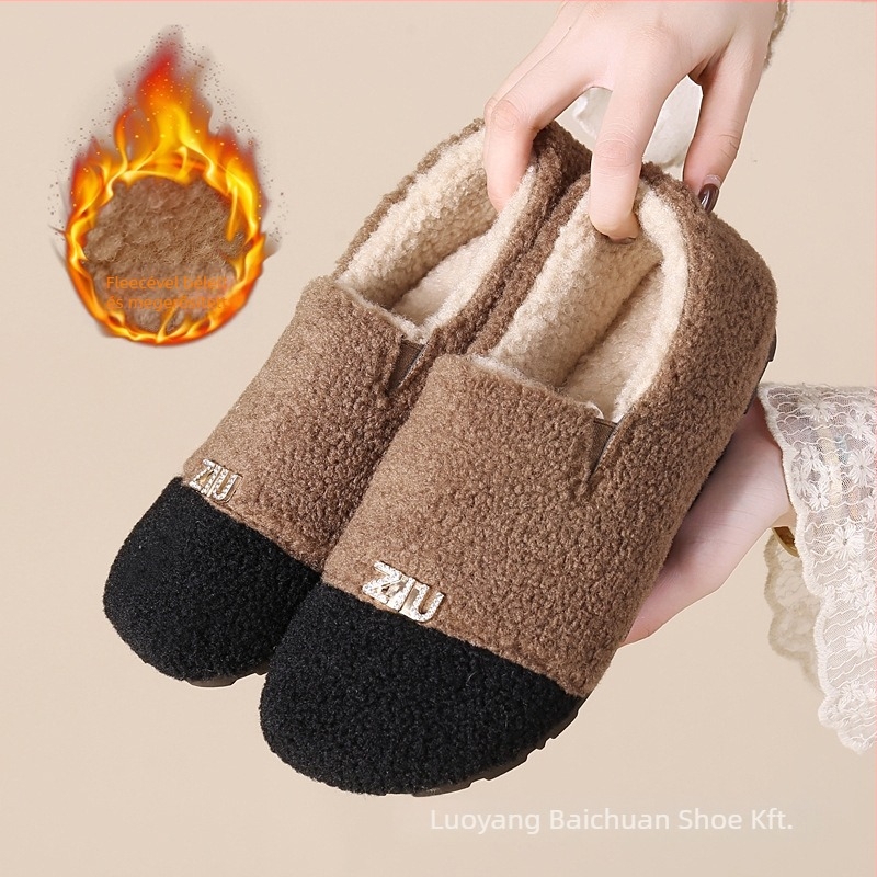 Női téli velúr lapos loaferek műszőrmés bélésével, kerek orrú, slip-on, PVC talp